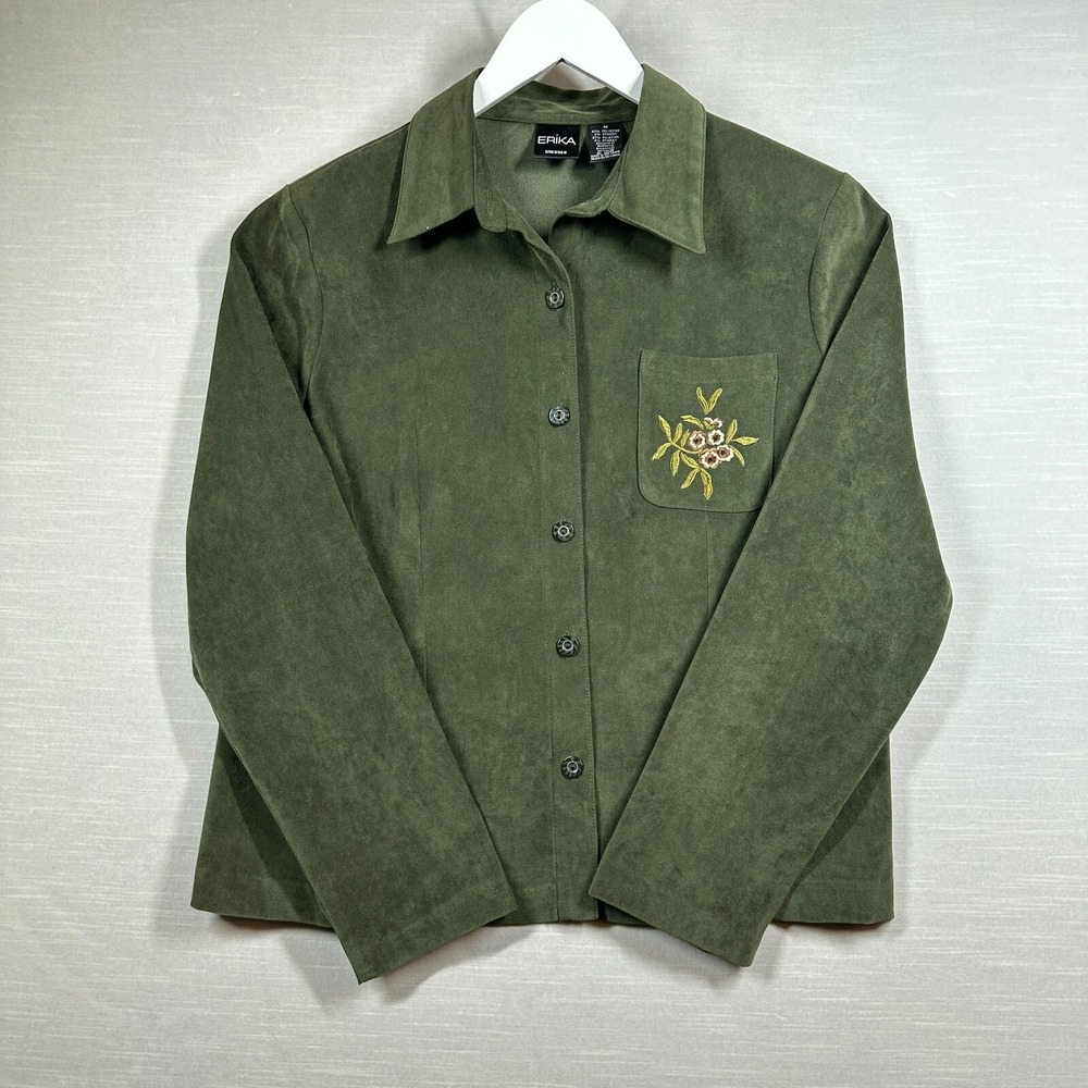 Vintage Erika Faux Suede Button Up Shirt Womens Medium Green Floral Y2K